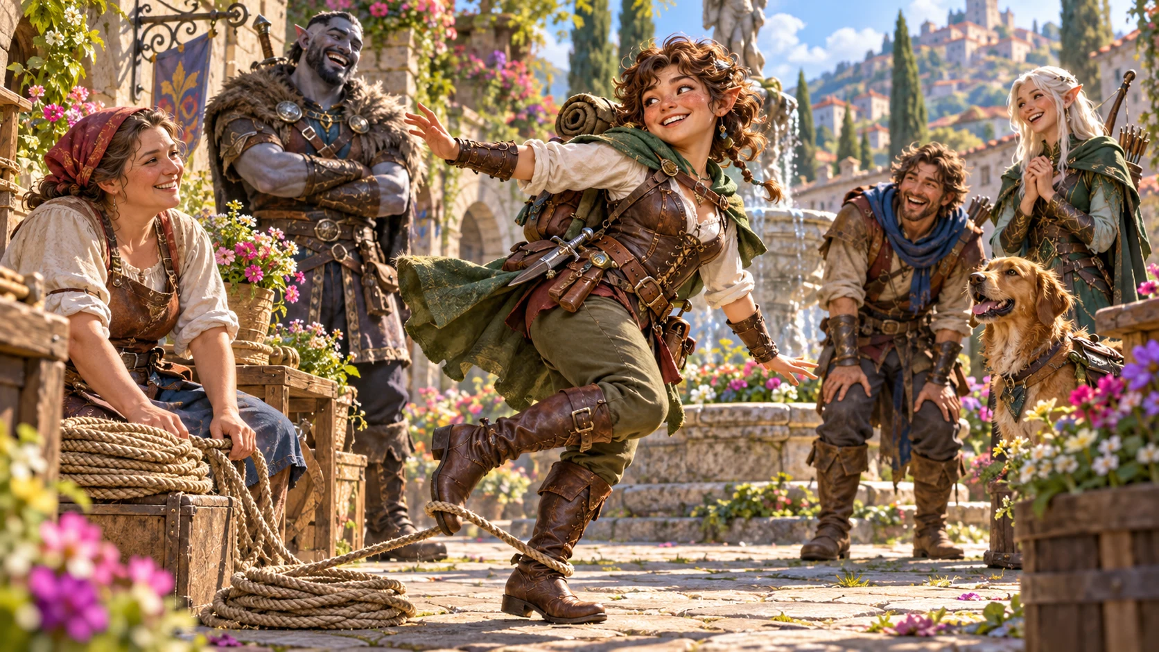 A young fantasy adventurer recovers stylishly from a rope stumble in a village while friendly companions watch.