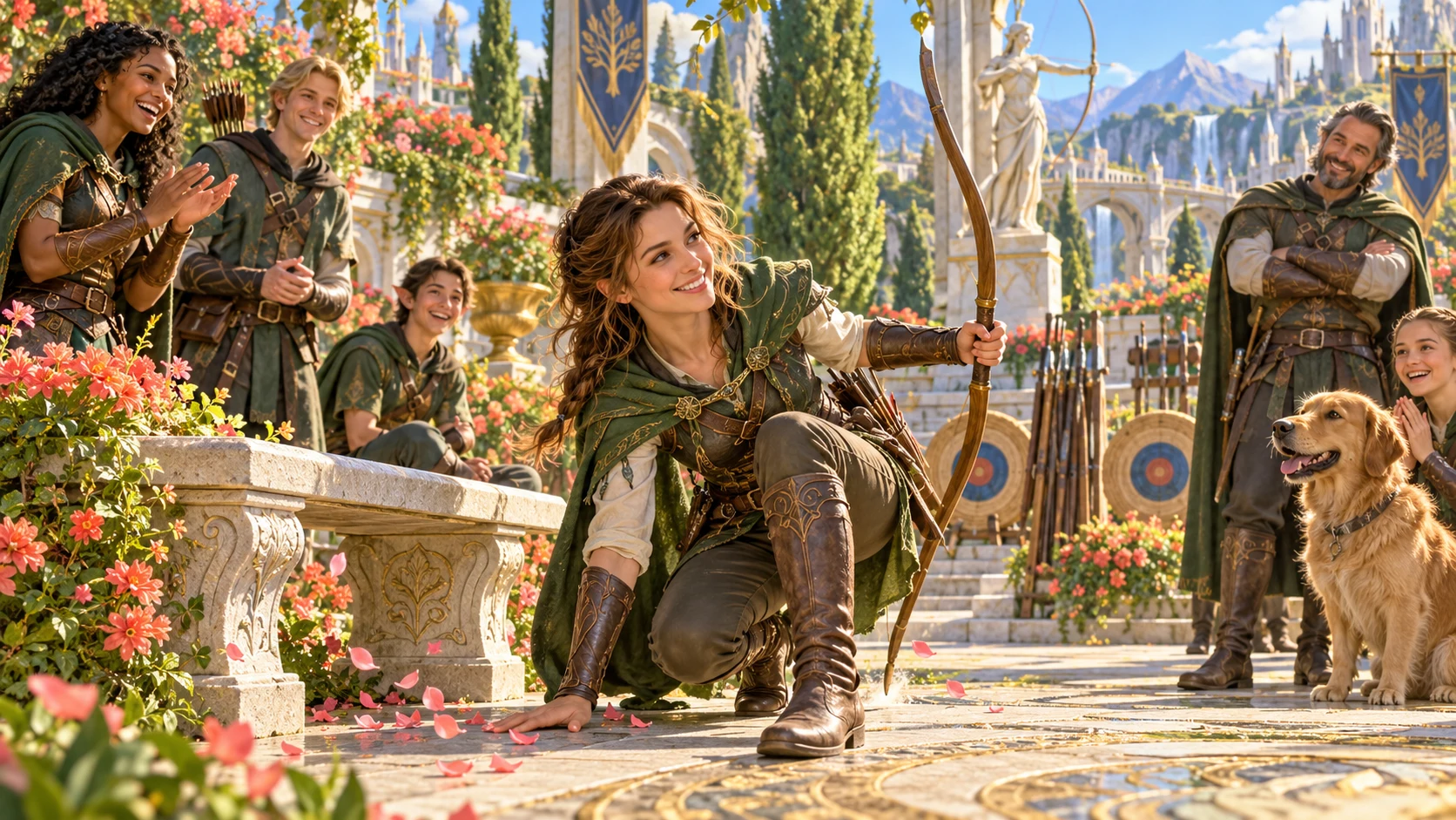 A capable ranger steadies a controlled recovery beside a garden bench with supportive companions.