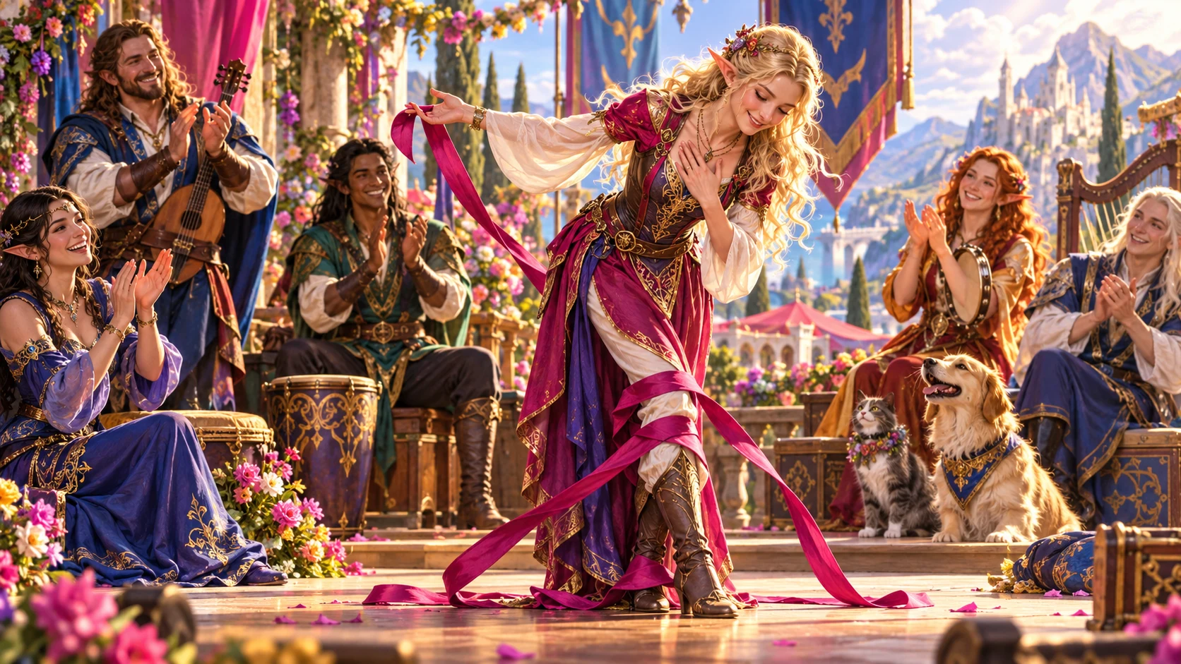 An elven performer recovers from a ribbon tangle with a confident bow while companions provide music.